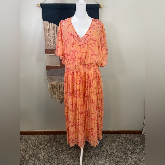 Taylor orange floral pleated Blouson Flutter Short Sleeves Midi dress 14W - Picture 1 of 6